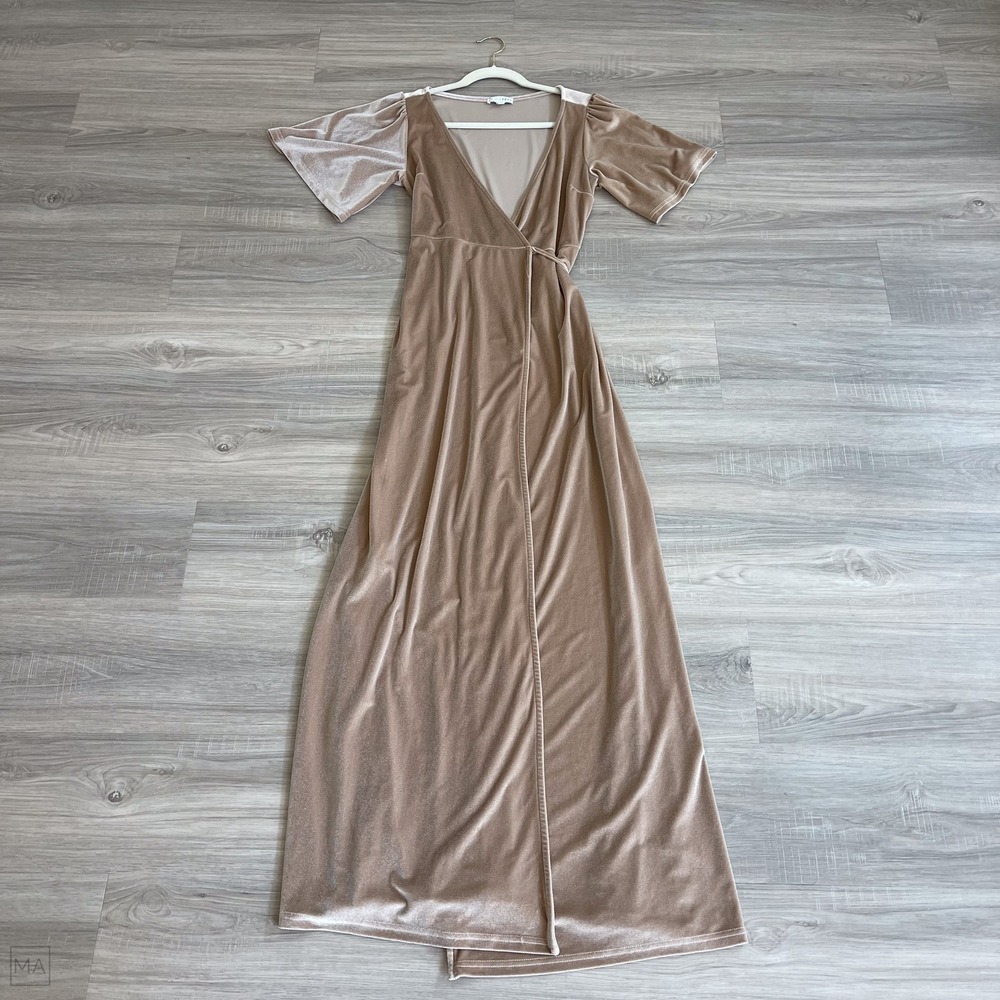 Baltic Born Women's Dress Velvet Wrap Neutral Wedding Event Flutter Sleeve S Tan